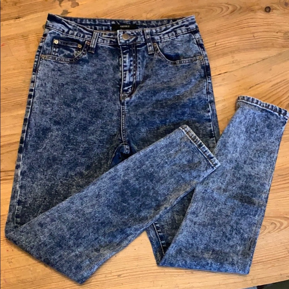 Forever 21 acid washed, high waisted skinny jeans.